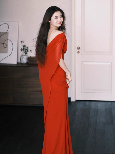 Chic Sheath Off-The-Shoulder Chiffon Wine Red Long Evening Dresses With Cape