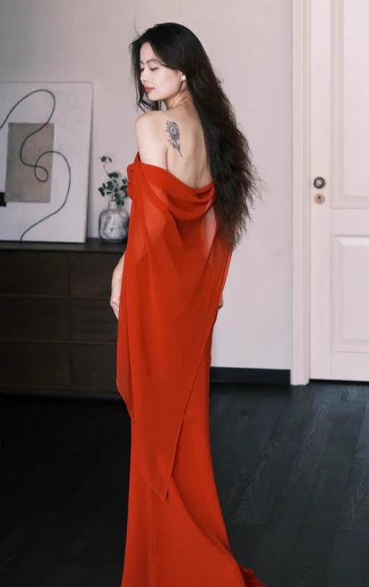 Chic Sheath Off-The-Shoulder Chiffon Wine Red Long Evening Dresses With Cape