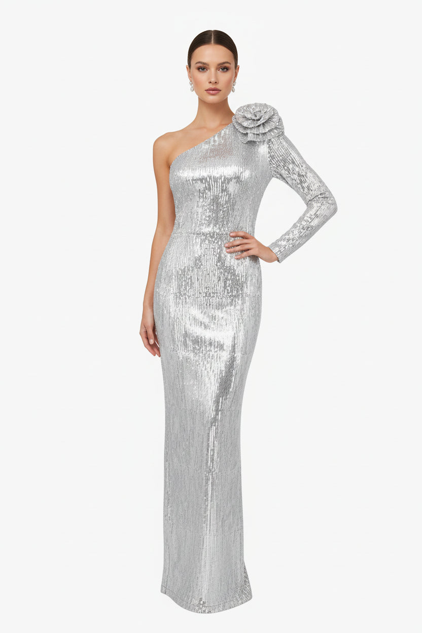 Chic Sheath One-Shoulder Long-Sleeve Sequin Flower-Accent Silver Floor-Length Evening Dress for Women