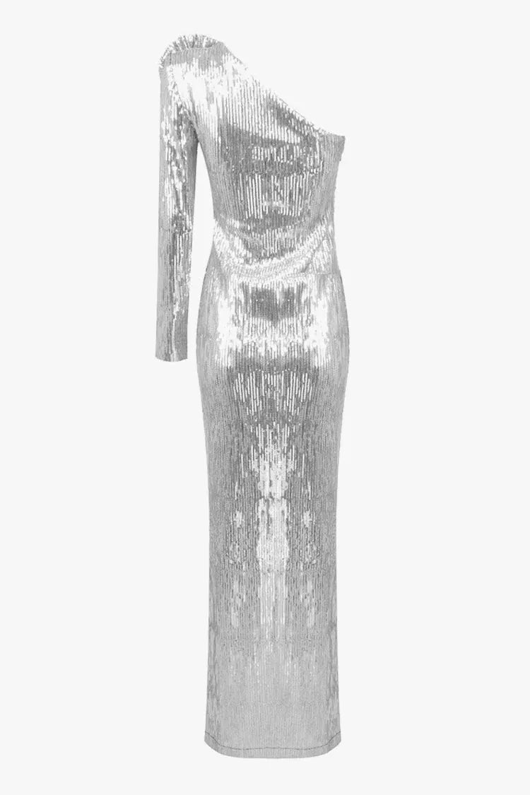 Chic Sheath One-Shoulder Long-Sleeve Sequin Flower-Accent Silver Floor-Length Evening Dress for Women