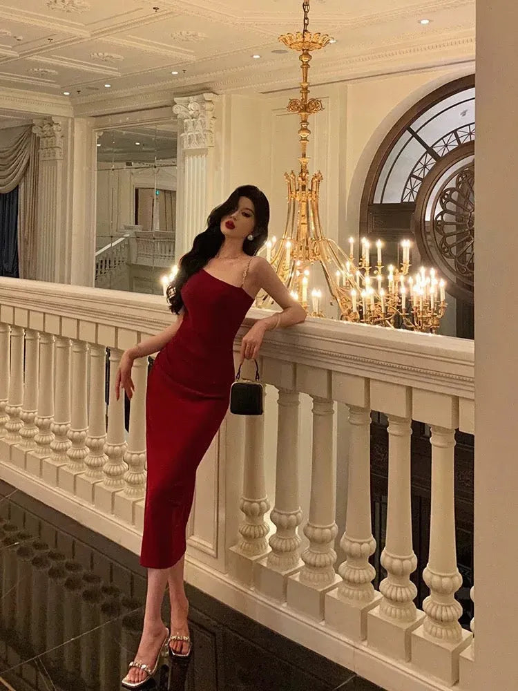 Chic Sheath One-Shoulder Sleeveless Beaded Burgundy Midi Prom Dress for Women Ready to Ship