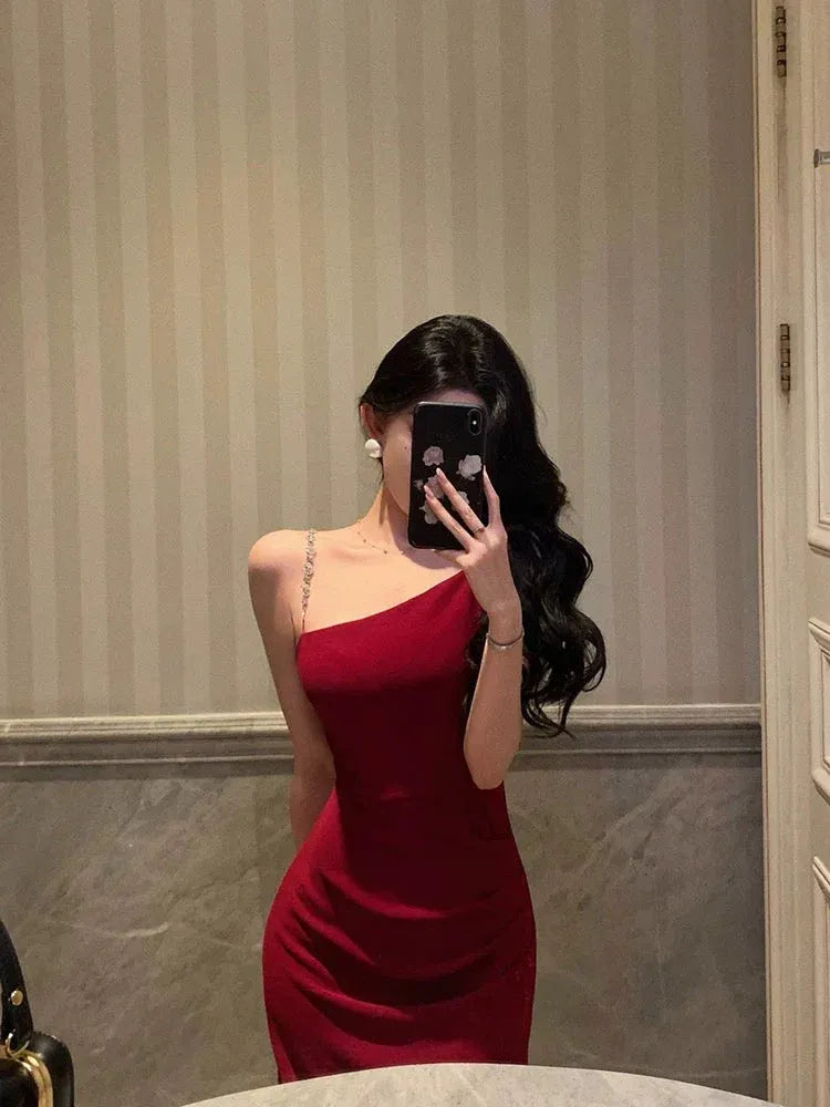 Chic Sheath One-Shoulder Sleeveless Beaded Burgundy Midi Prom Dress for Women Ready to Ship