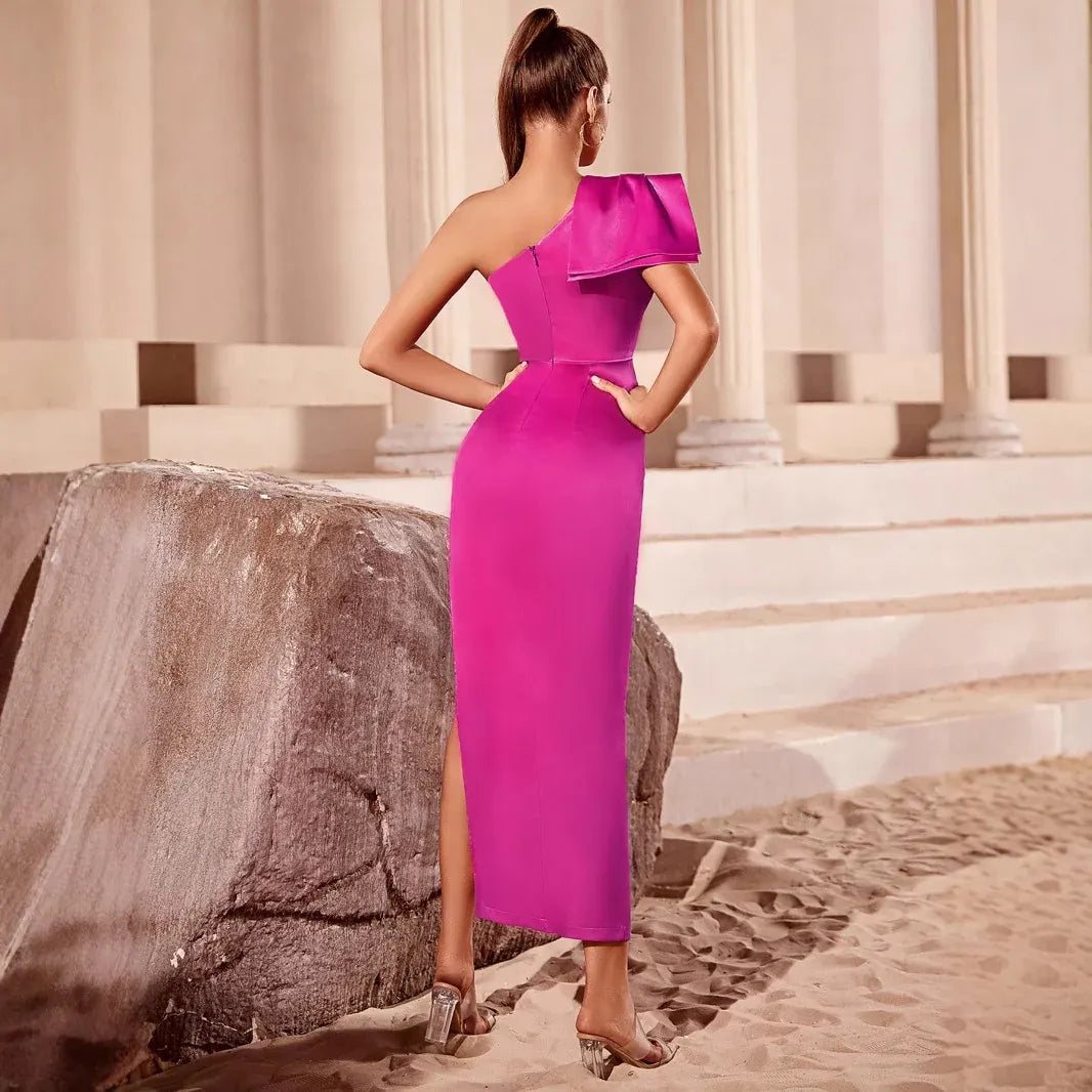 Chic Sheath One-shoulder Sleeveless Ruffled Fuchsia Midi Prom Dress for Women Ready to Ship