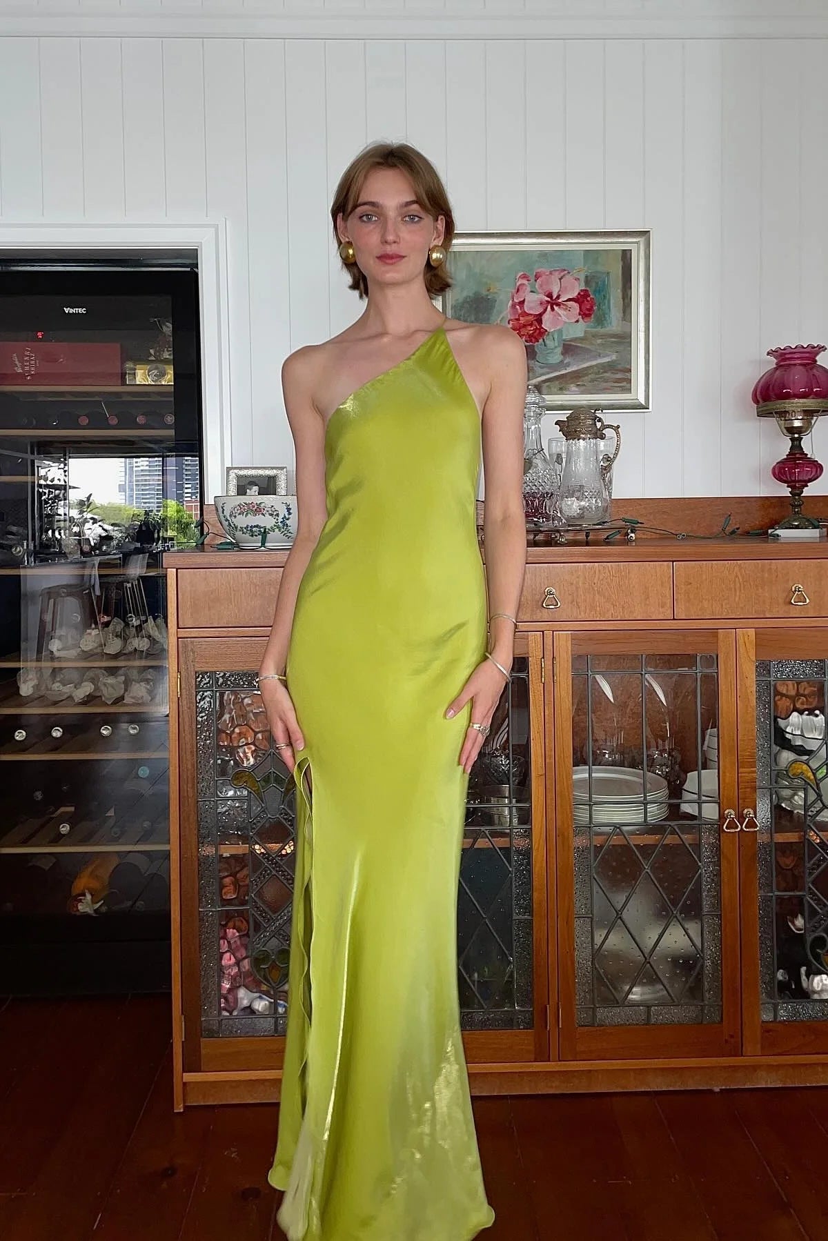 Chic Sheath One Shoulder Light Green Long Prom Dress With Side Split