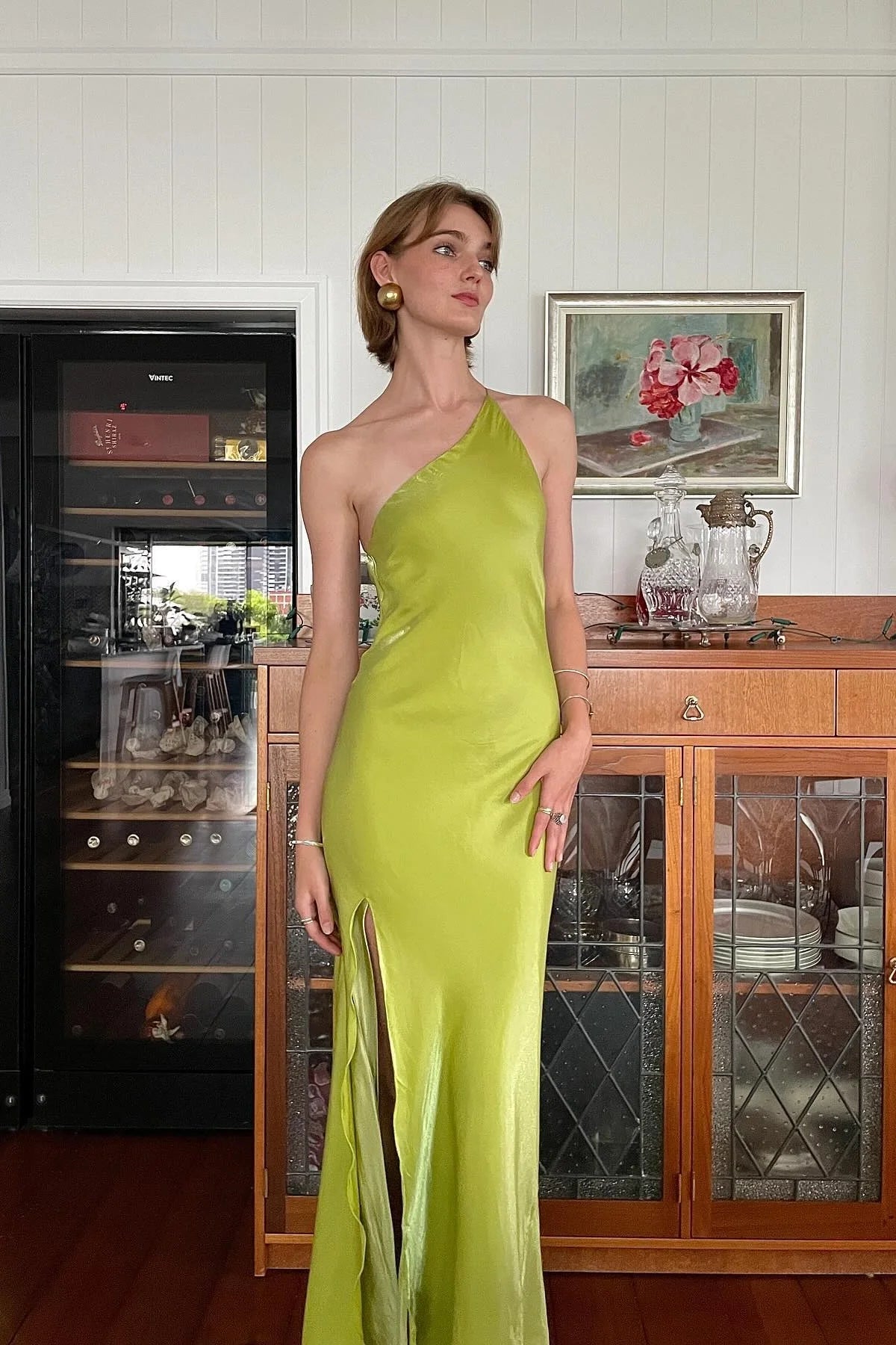 Chic Sheath One Shoulder Light Green Long Prom Dress With Side Split