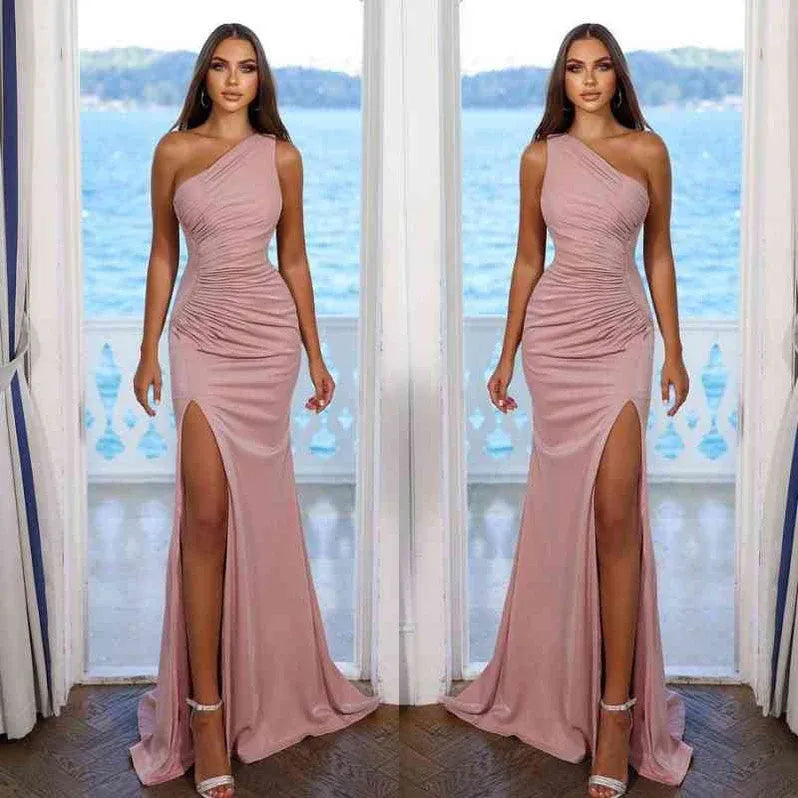 Chic Sheath One Shoulder Ruched High Slit Blush Floor Length Prom Dress