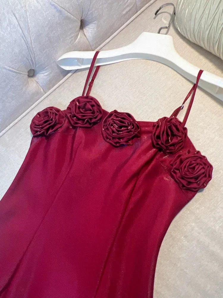 Chic Sheath Spaghetti-Strap Sleeveless Rose-Embellished Red Maxi Prom Dress for Women Custom