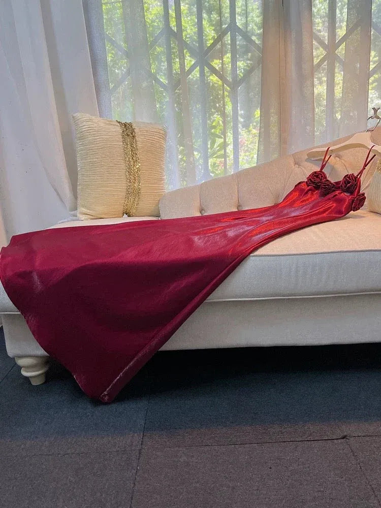 Chic Sheath Spaghetti-Strap Sleeveless Rose-Embellished Red Maxi Prom Dress for Women Custom