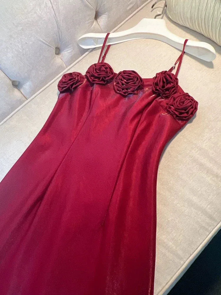 Chic Sheath Spaghetti-Strap Sleeveless Rose-Embellished Red Maxi Prom Dress for Women Custom