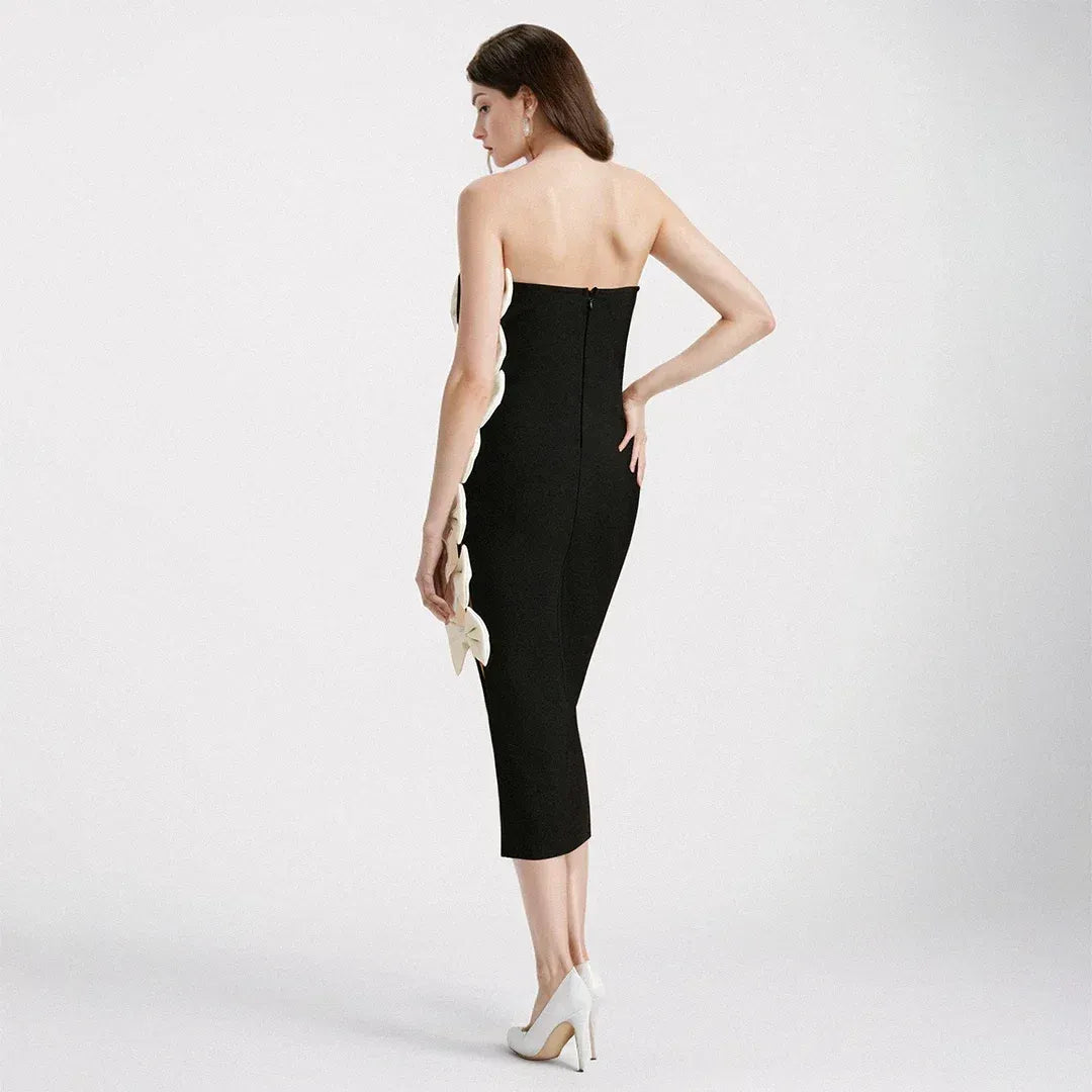 Chic Sheath Strapless Fitted Black Midi Evening Dress With Bow Hollow