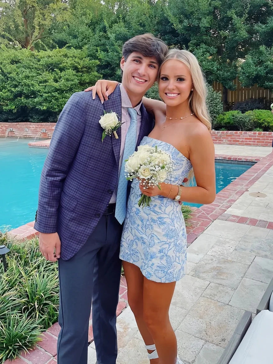 Chic Sheath Strapless Floral Print Light Blue Short Homecoming Dress