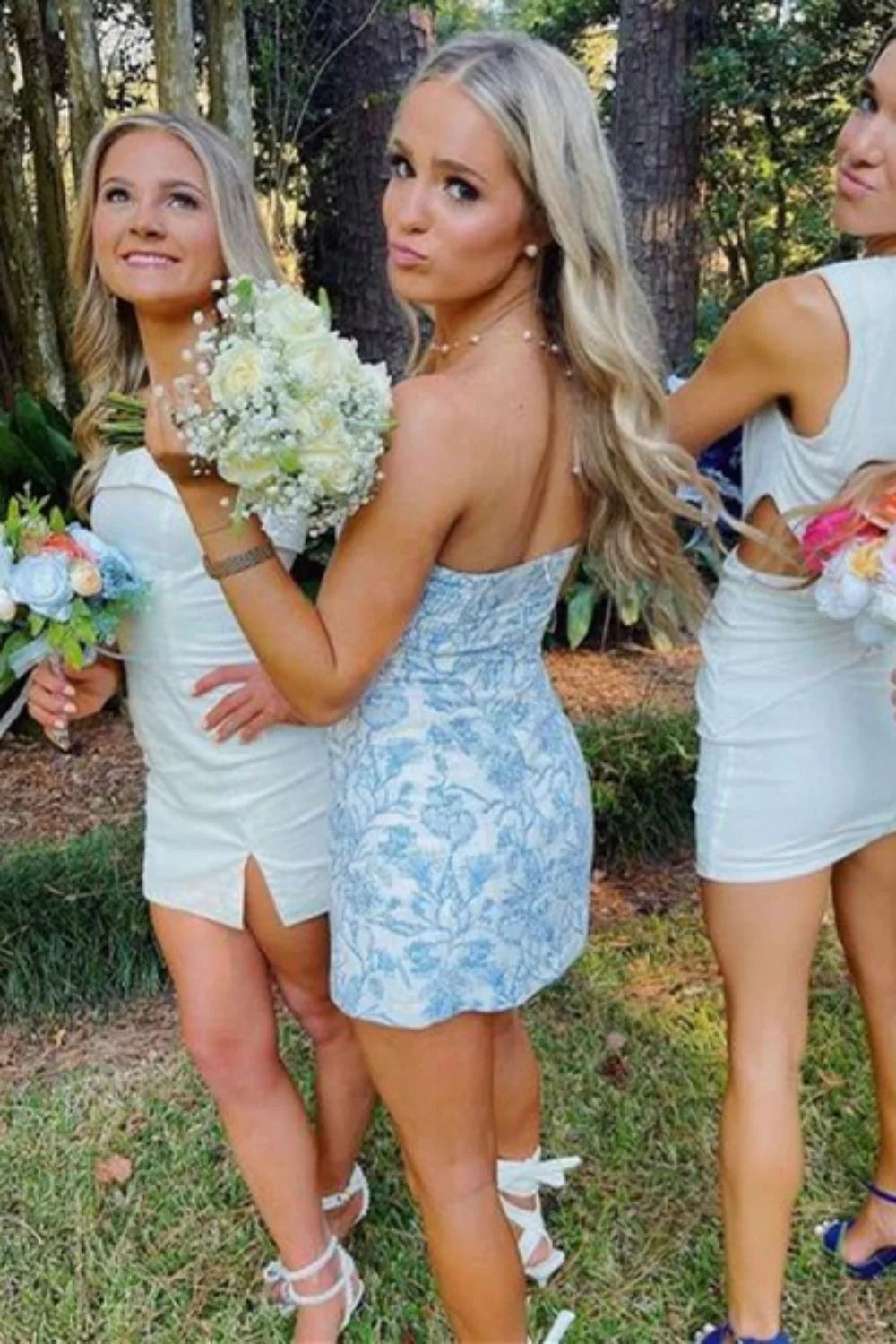 Chic Sheath Strapless Floral Print Light Blue Short Homecoming Dress