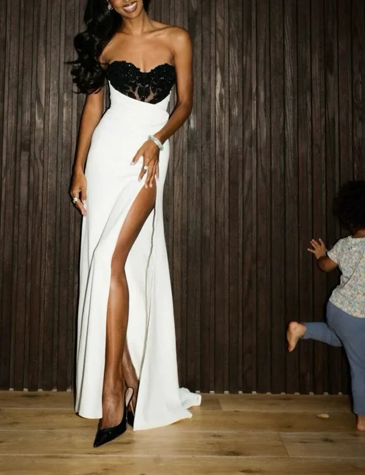 Chic Sheath Strapless Lace-Overlay Crepe Black-White Floor-Length Prom Dress for Women