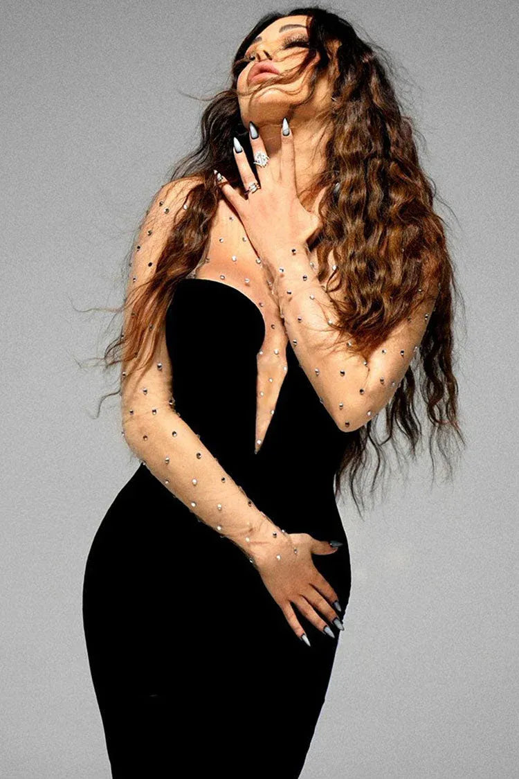 Chic Sheath Strapless Long-Sleeve Beaded Mesh Black Floor-Length Evening Dress for Women