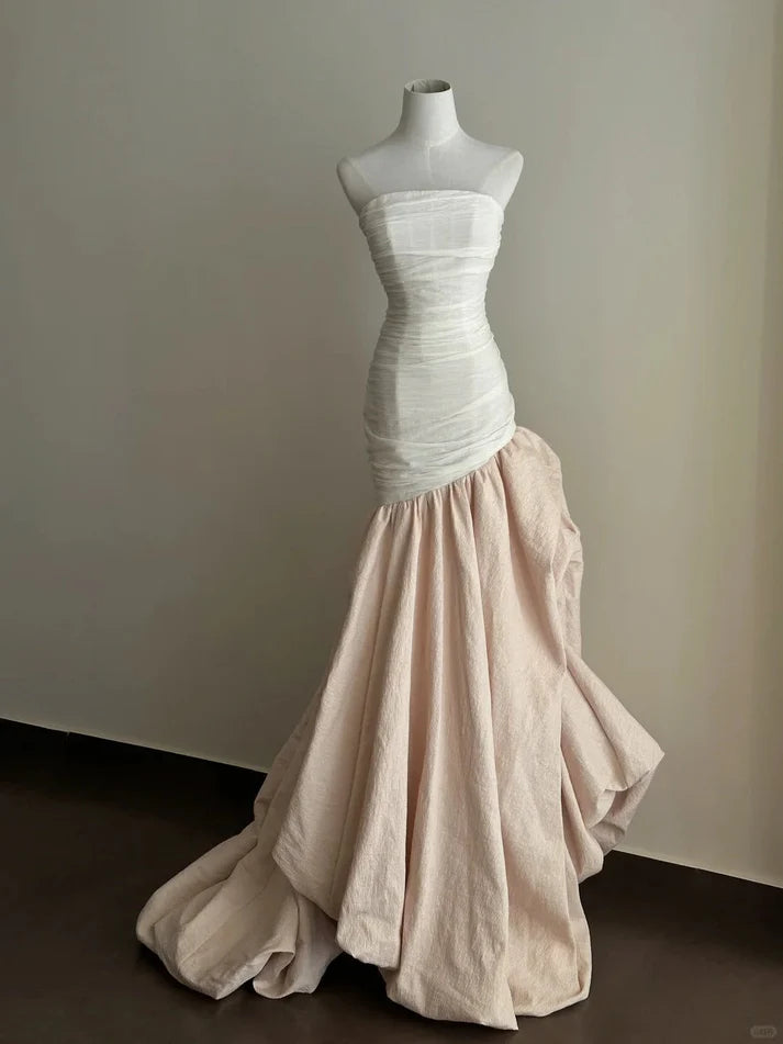 Chic Sheath Strapless White And Pink Long Party Dress With Bubble Hem