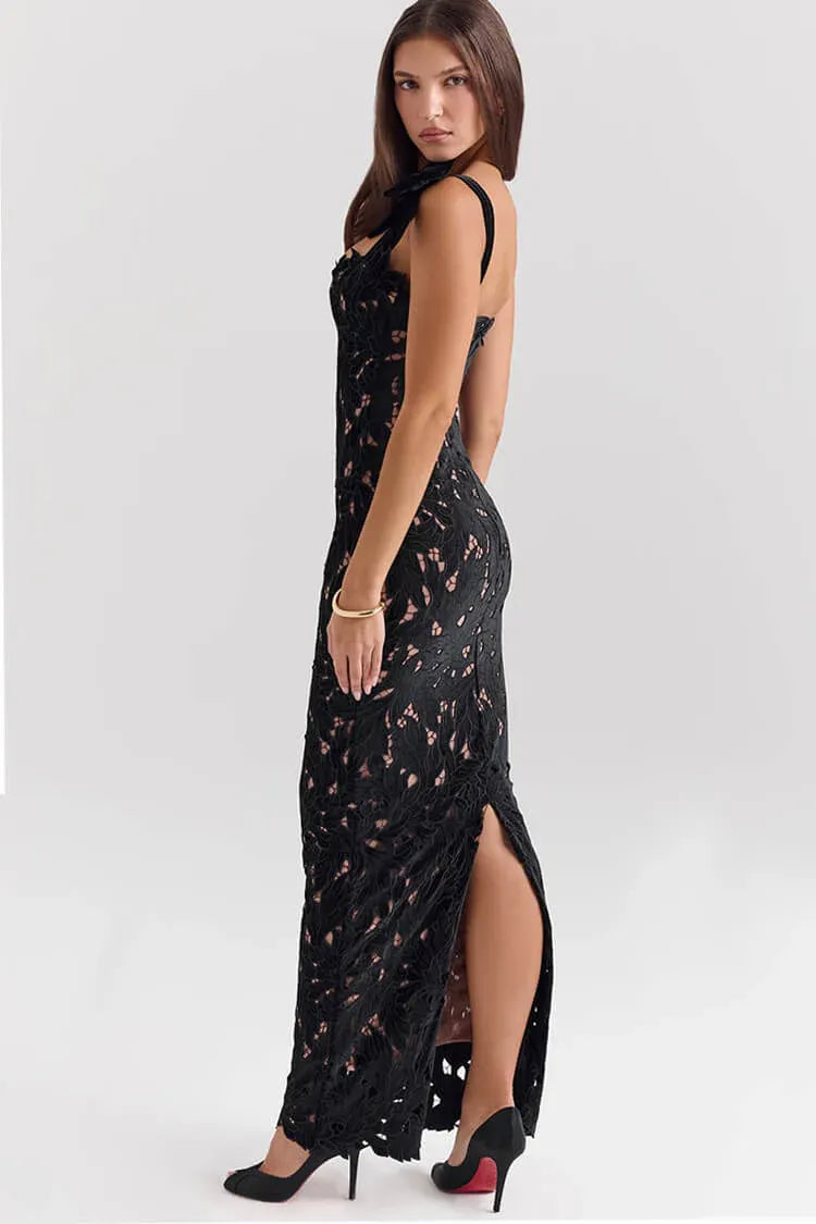 Chic Sheath Sweetheart Sleeveless Bow-Accented Lace Black Midi Evening Dress for Women