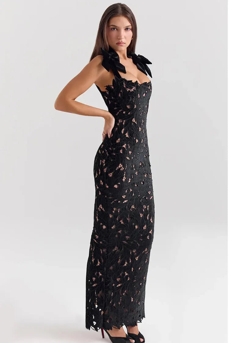 Chic Sheath Sweetheart Sleeveless Bow-Accented Lace Black Midi Evening Dress for Women