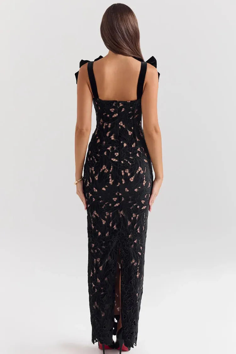 Chic Sheath Sweetheart Sleeveless Bow-Accented Lace Black Midi Evening Dress for Women