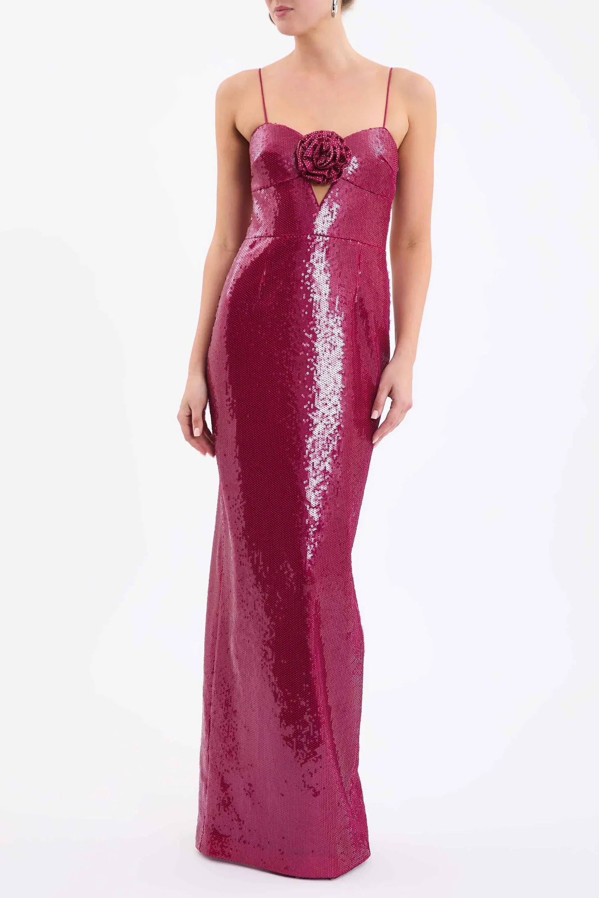 Chic Sheath Sweetheart Spaghetti-Strap Sequin Burgundy Floor-Length Evening Dress for Women