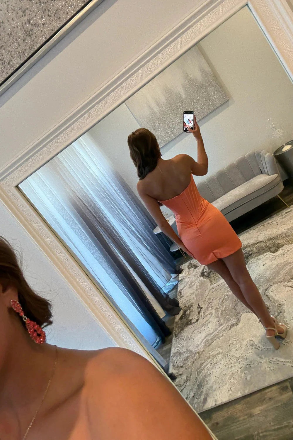 Chic Sheath Sweetheart Strapless Appliques Lace Trim Orange Homecoming Dress