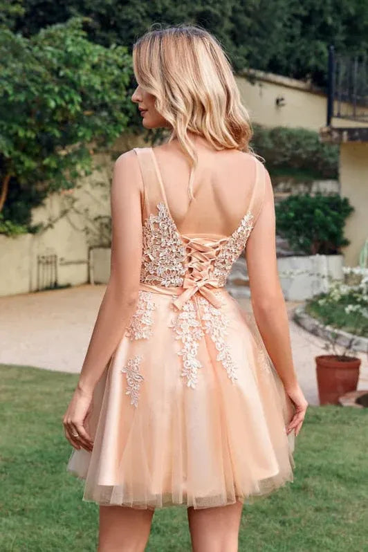 Chic A-Line V-Neck Lace Applique Blush Pink Short Homecoming Dress With Lace Up Back