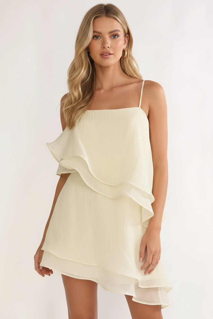 Chic Spaghetti Strap Tiered Ruffle Cream Short Homecoming Dress With Asymmetric Hem