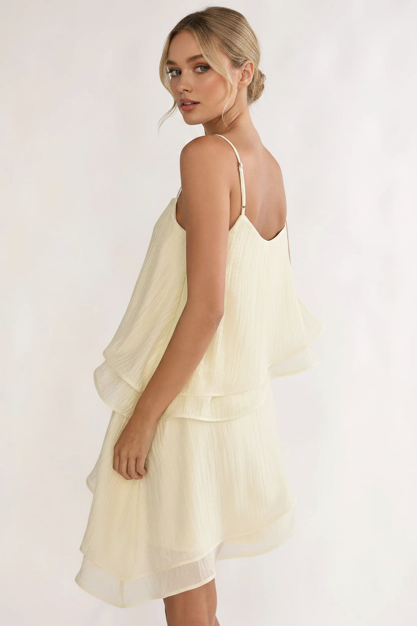 Chic Spaghetti Strap Tiered Ruffle Cream Short Homecoming Dress With Asymmetric Hem