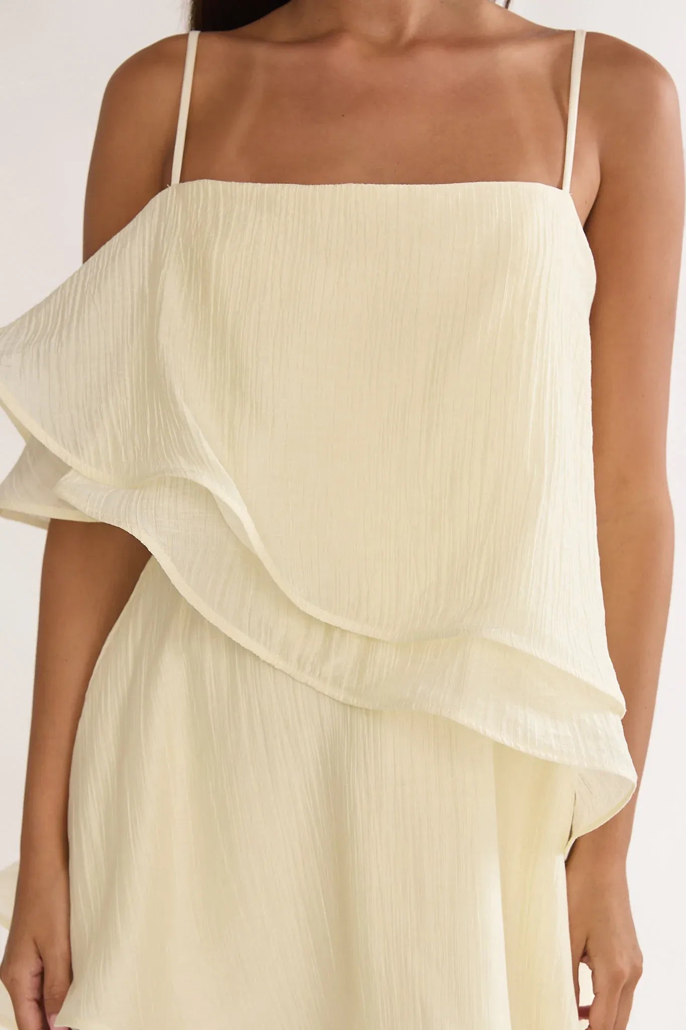 Chic Spaghetti Strap Tiered Ruffle Cream Short Homecoming Dress With Asymmetric Hem