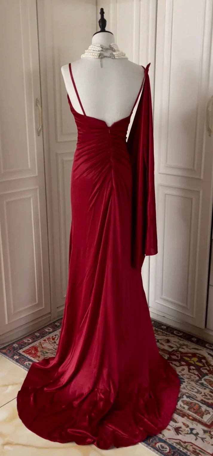 Chic Spaghetti Straps Beaded Satin Burgundy Floor Length Party Dress
