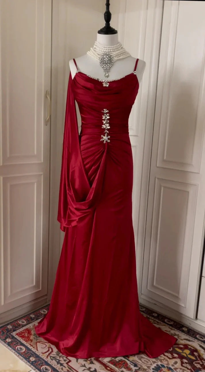 Chic Spaghetti Straps Beaded Satin Burgundy Floor Length Party Dress