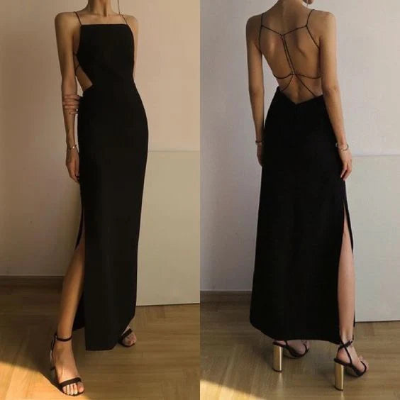 Chic Spaghetti Straps Black Ankle Length Prom Dress With Side Slit
