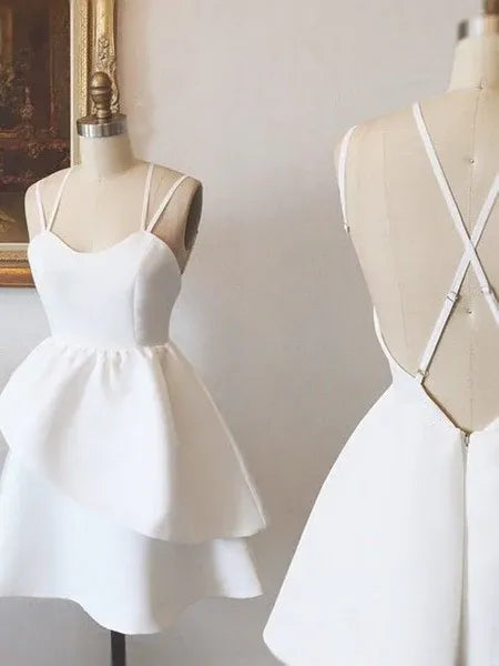 Chic Spaghetti Straps Ruffle Layered Open Back White Short Homecoming Dress