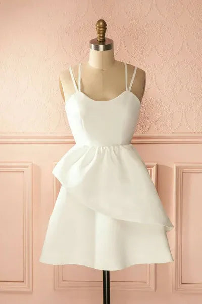 Chic Spaghetti Straps Ruffle Layered Open Back White Short Homecoming Dress