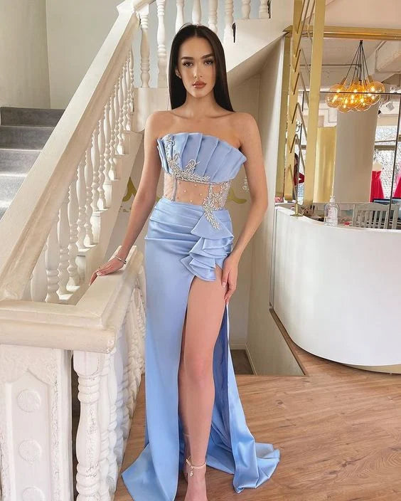 Chic Strapless Pleated Beaded Applique Blue Prom Dress With High Slit