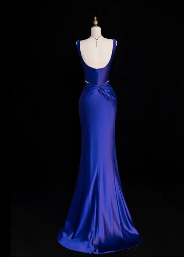 Chic Straps Sheath Cut Out Satin Royal Blue Long Evening Dresses