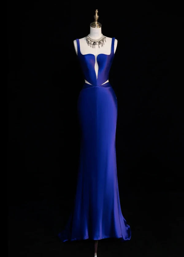 Chic Straps Sheath Cut Out Satin Royal Blue Long Evening Dresses