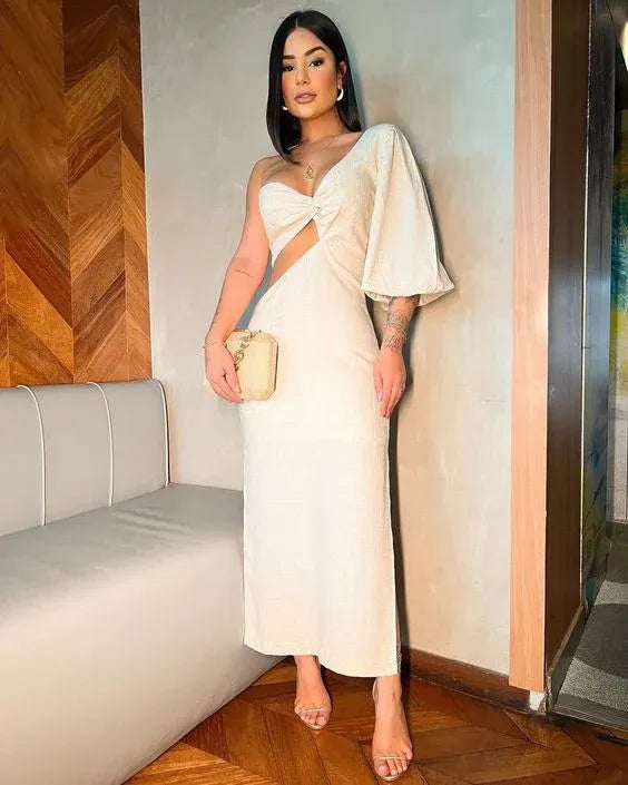 Chic Textured Midi Evening Dress Ivory One-Shoulder Puff Sleeve for Women