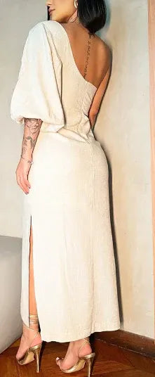 Chic Textured Midi Evening Dress Ivory One-Shoulder Puff Sleeve for Women