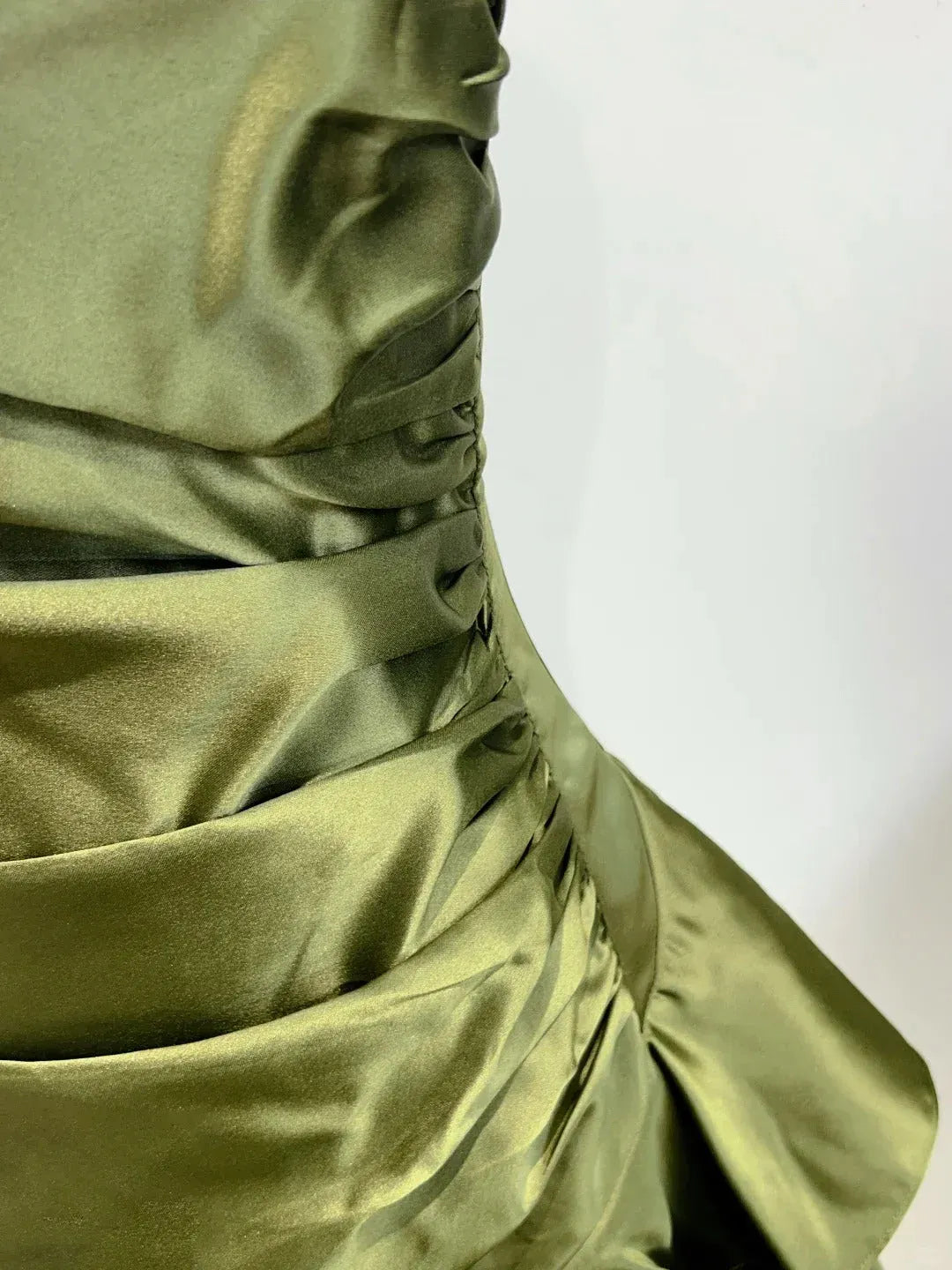 Chic Trumpet Square-Neck Sleeveless Tiered-Ruffle Satin Olive Midi Evening Dress for Women