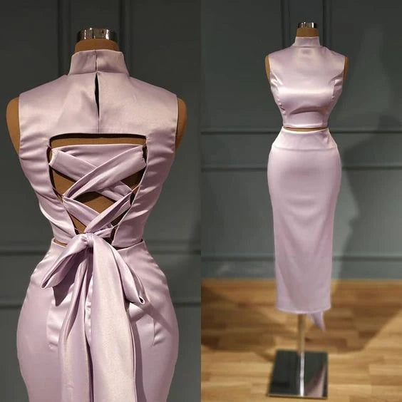 Chic Two-piece High Neck Sleeveless Cross Straps Lilac Prom Dress
