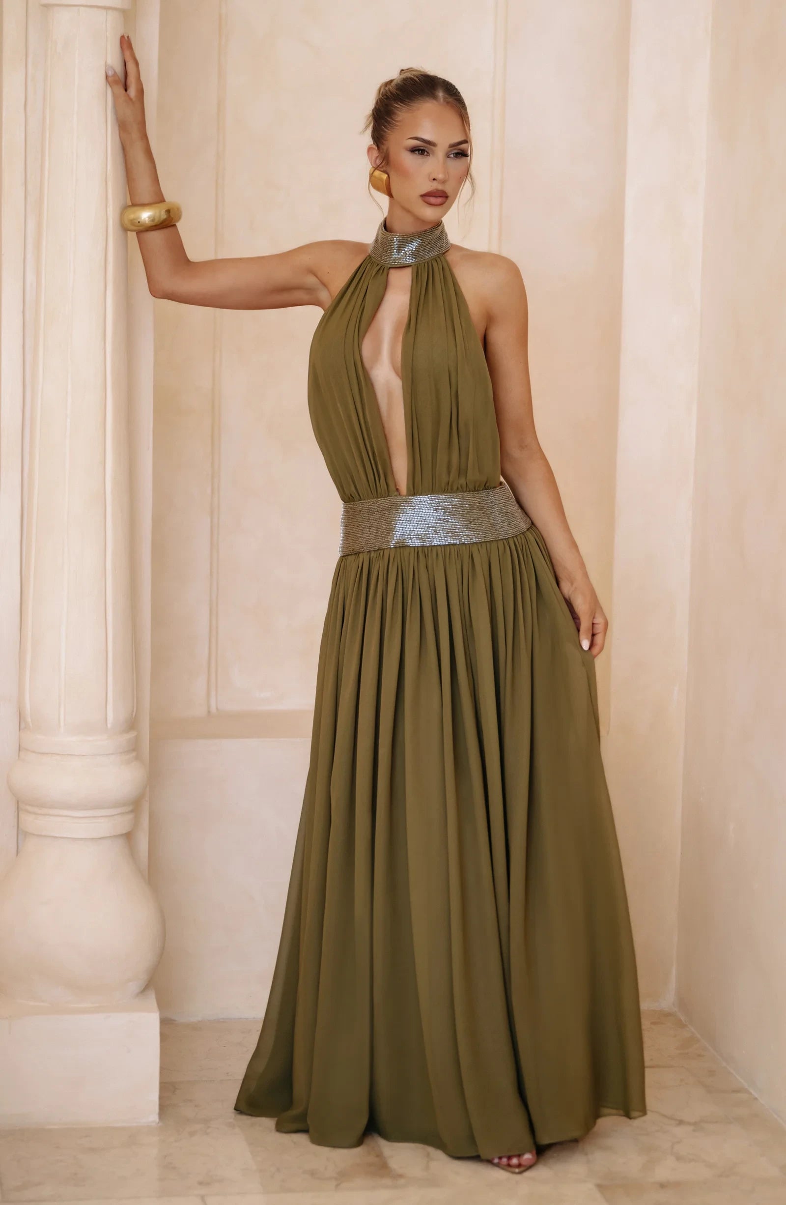Chic A-Line Halter Backless Chiffon Sequin Olive Floor-Length Prom Dress For Women