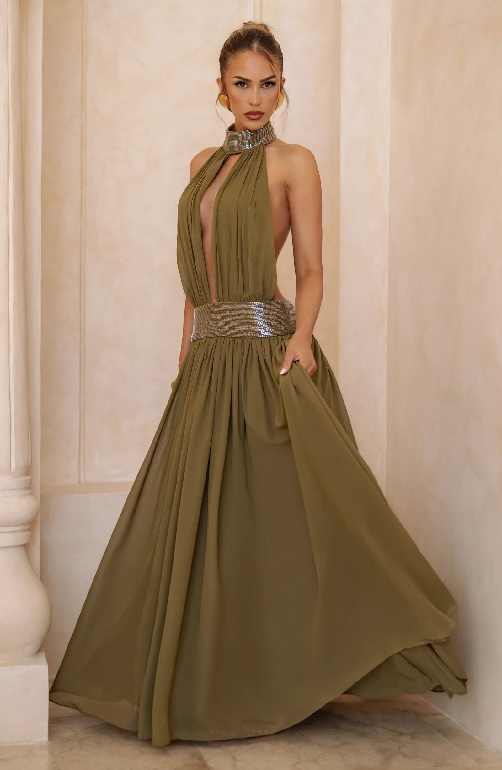 Chic A-Line Halter Backless Chiffon Sequin Olive Floor-Length Prom Dress For Women