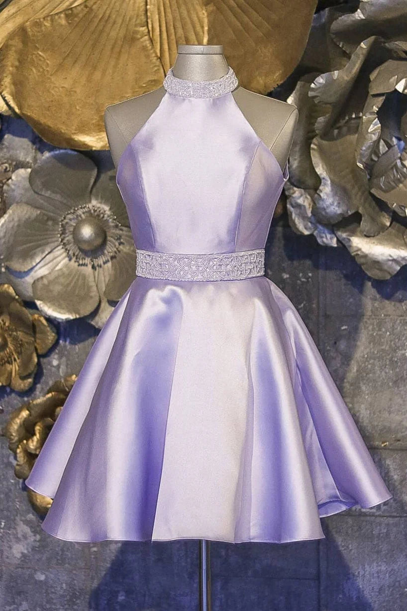 Chic A-Line Halter Beaded Open Back Satin Lavender Short Homecoming Dress