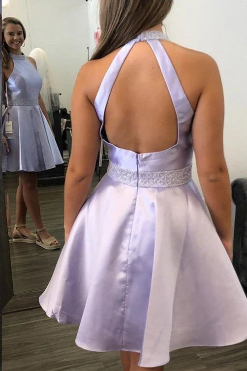 Chic A-Line Halter Beaded Open Back Satin Lavender Short Homecoming Dress