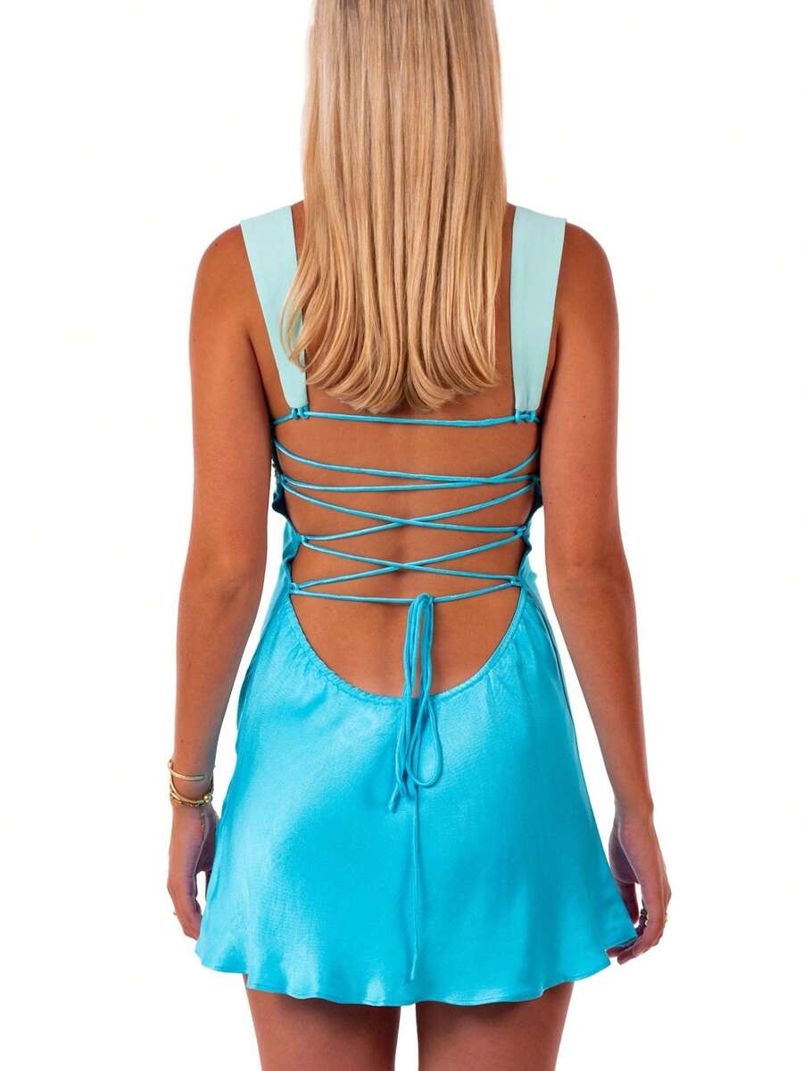 Chic A-Line Halter Sweetheart Backless Ruched Two-Tone Blue Mini Homecoming Dresses