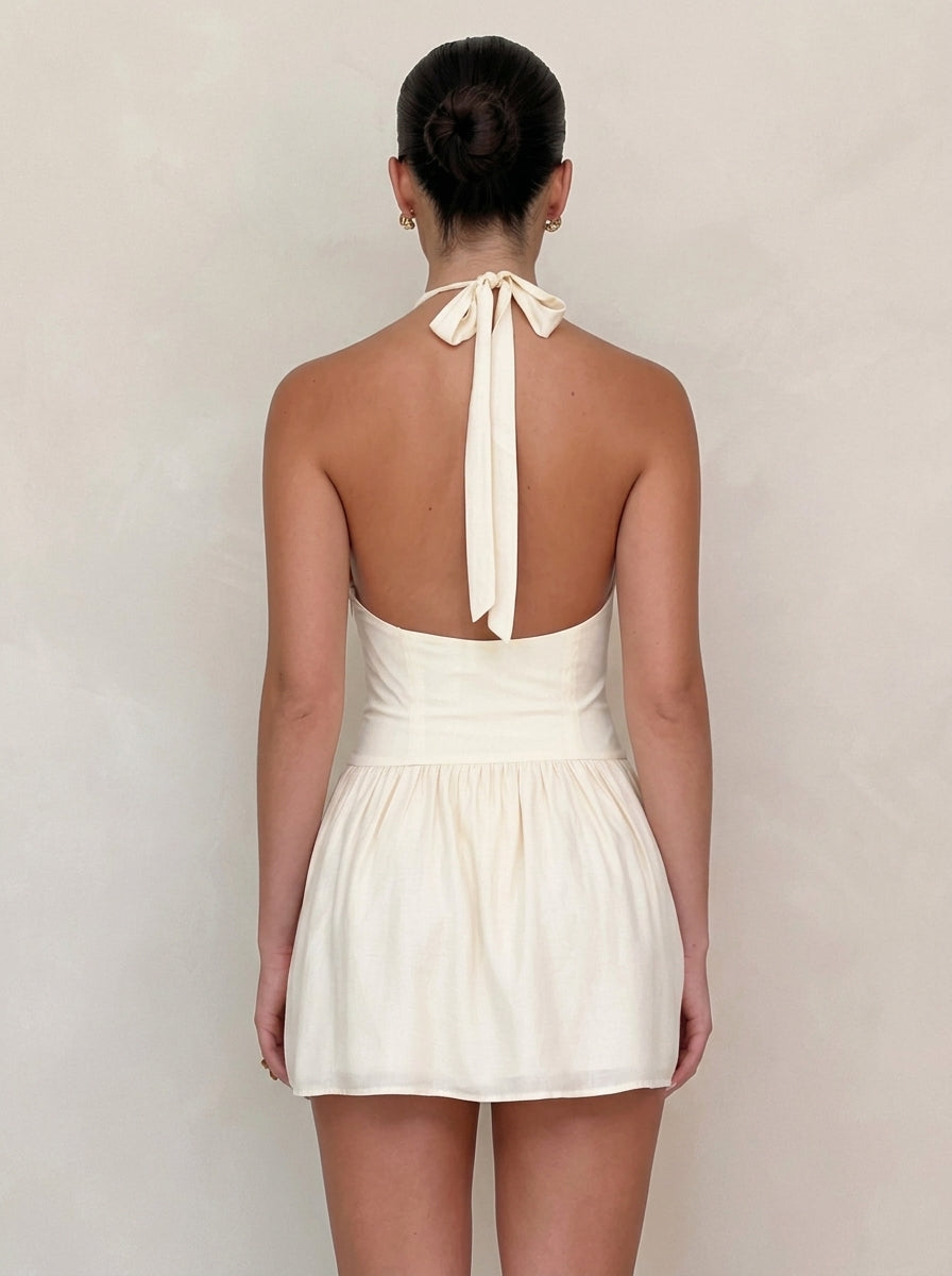 Chic A-Line Halter Tie Ruched Backless Yellow Mini Homecoming Dress For Ladies
