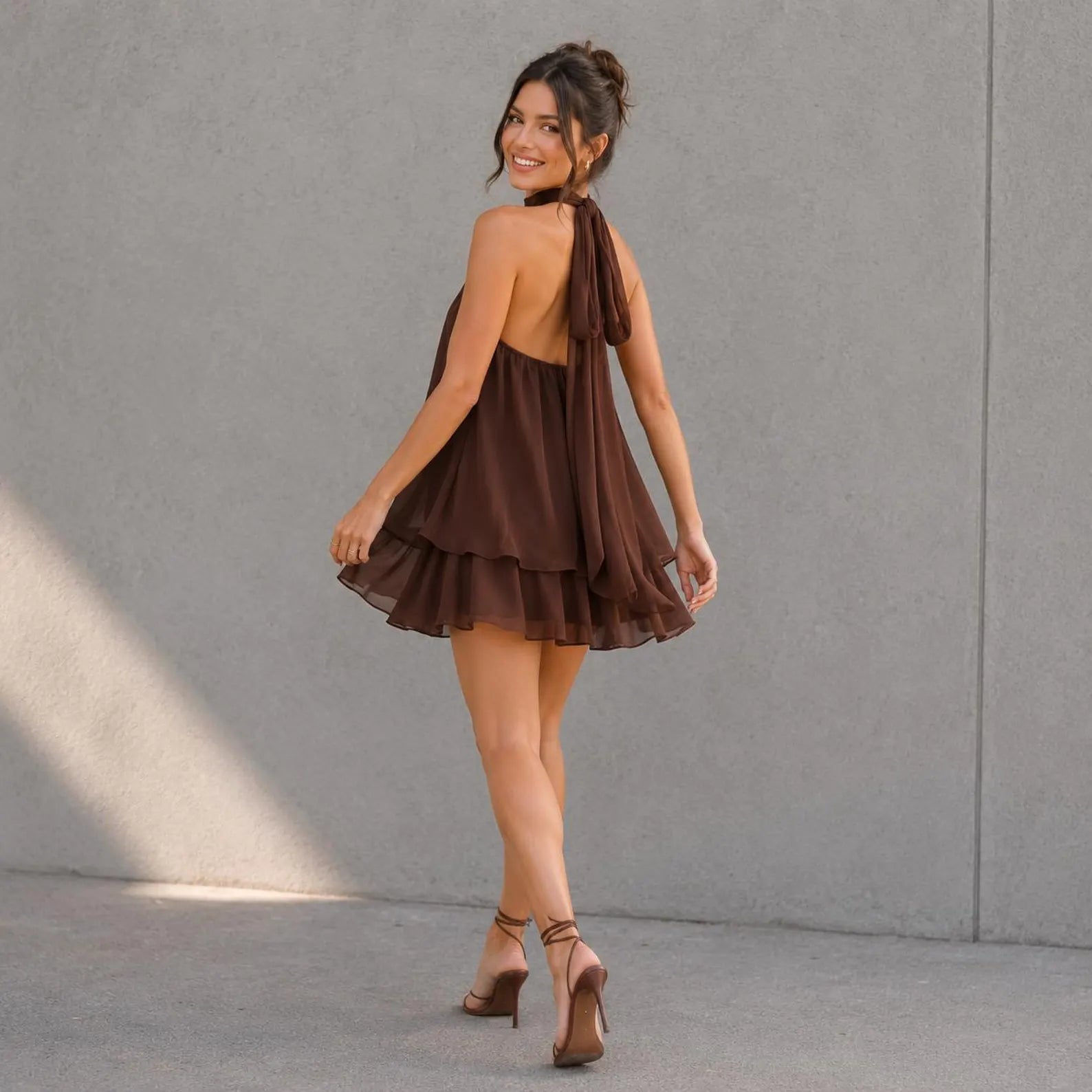 Chic A-Line Halter Tiered Ruffle Open Back Chocolate Brown Short Homecoming Dresses