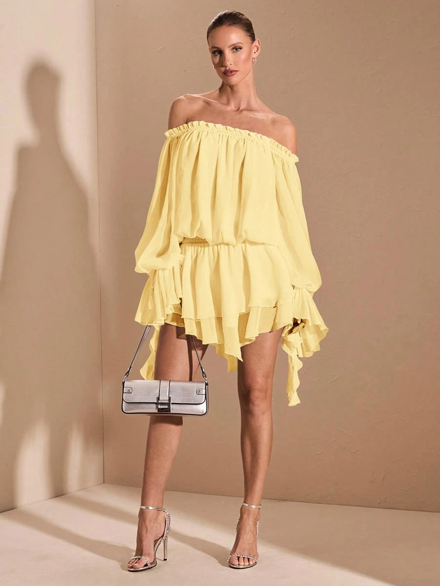 Chic A-Line Off-Shoulder Long Sleeve Ruffled Pastel Yellow Mini Homecoming Dress