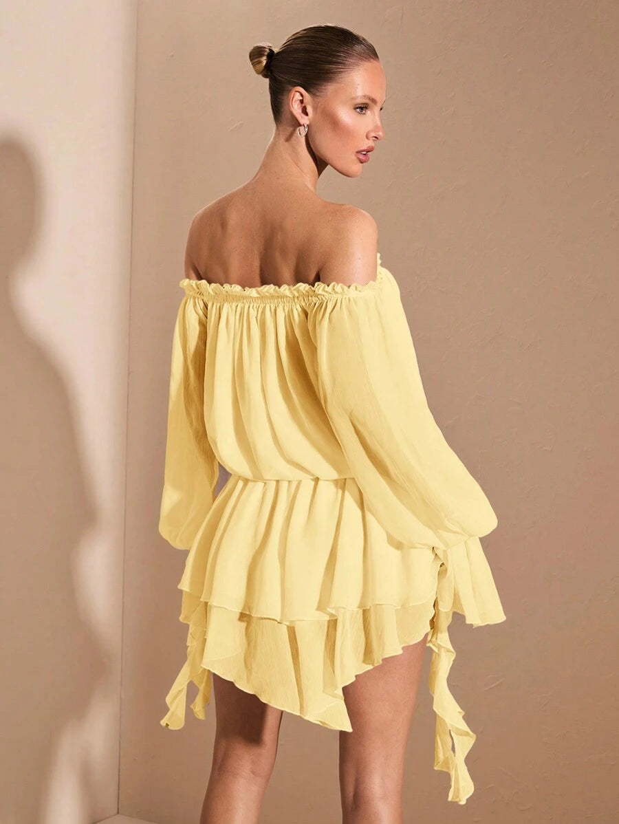 Chic A-Line Off-Shoulder Long Sleeve Ruffled Pastel Yellow Mini Homecoming Dress