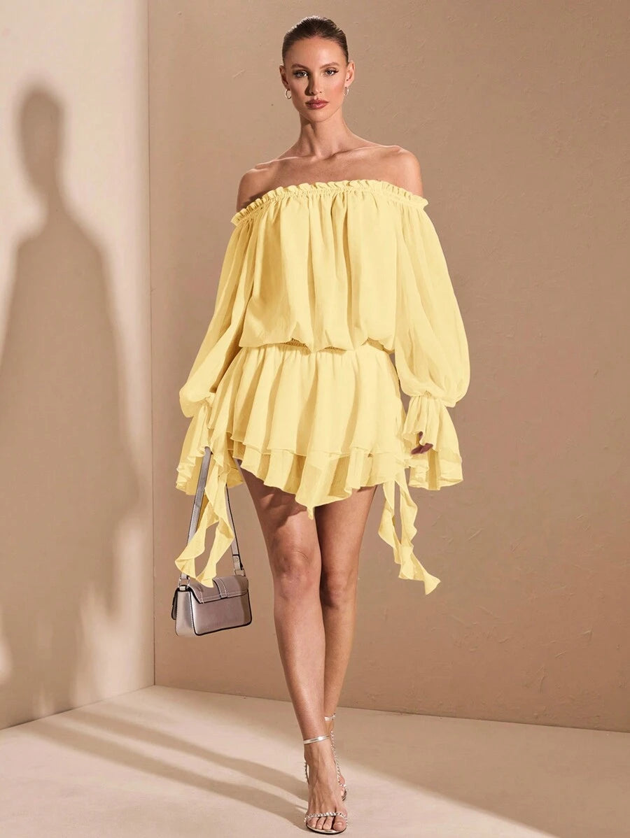 Chic A-Line Off-Shoulder Long Sleeve Ruffled Pastel Yellow Mini Homecoming Dress